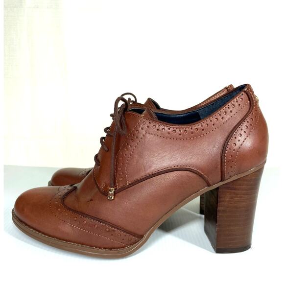 TOMMY HILFIGER Oxford Shoes Womens 10 Brown Leather Stacked Heel Brogue Academia - Picture 3 of 12